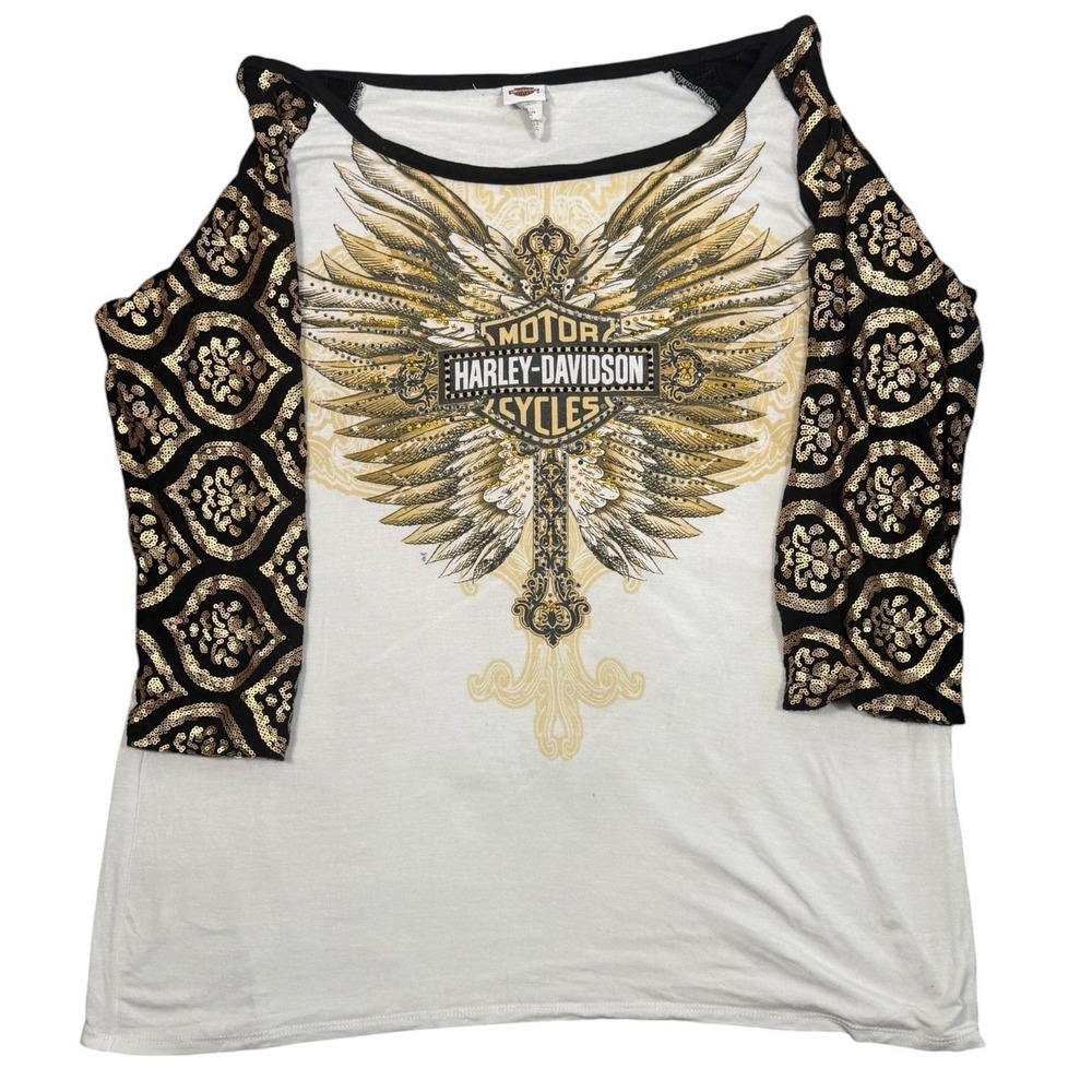 Harley-Davidson Graphic Top‎ Women's 3XL White Gold Sequin Raglan Winged Cross